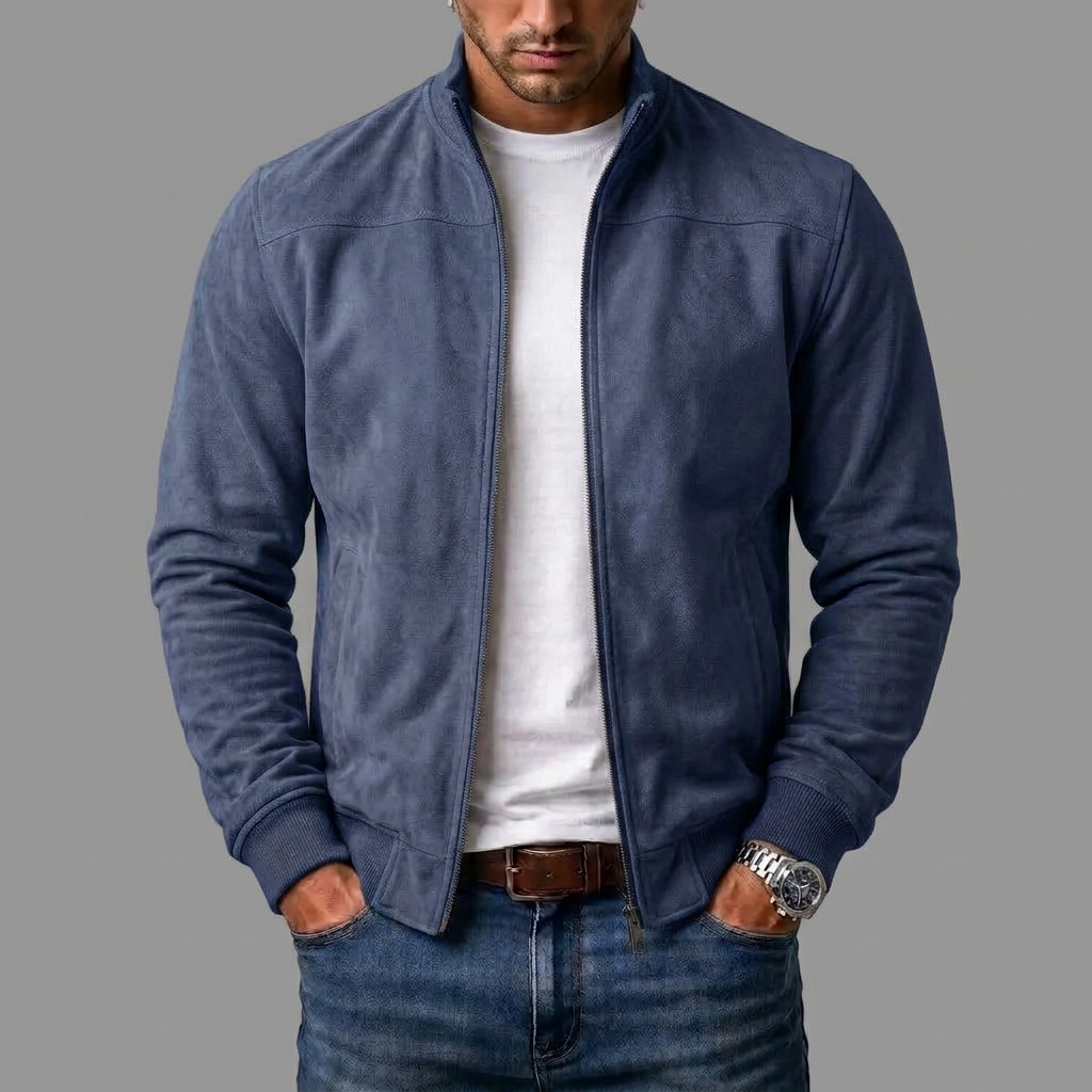 Navy suede-look jacket with stand collar, styled with a white tee and belt