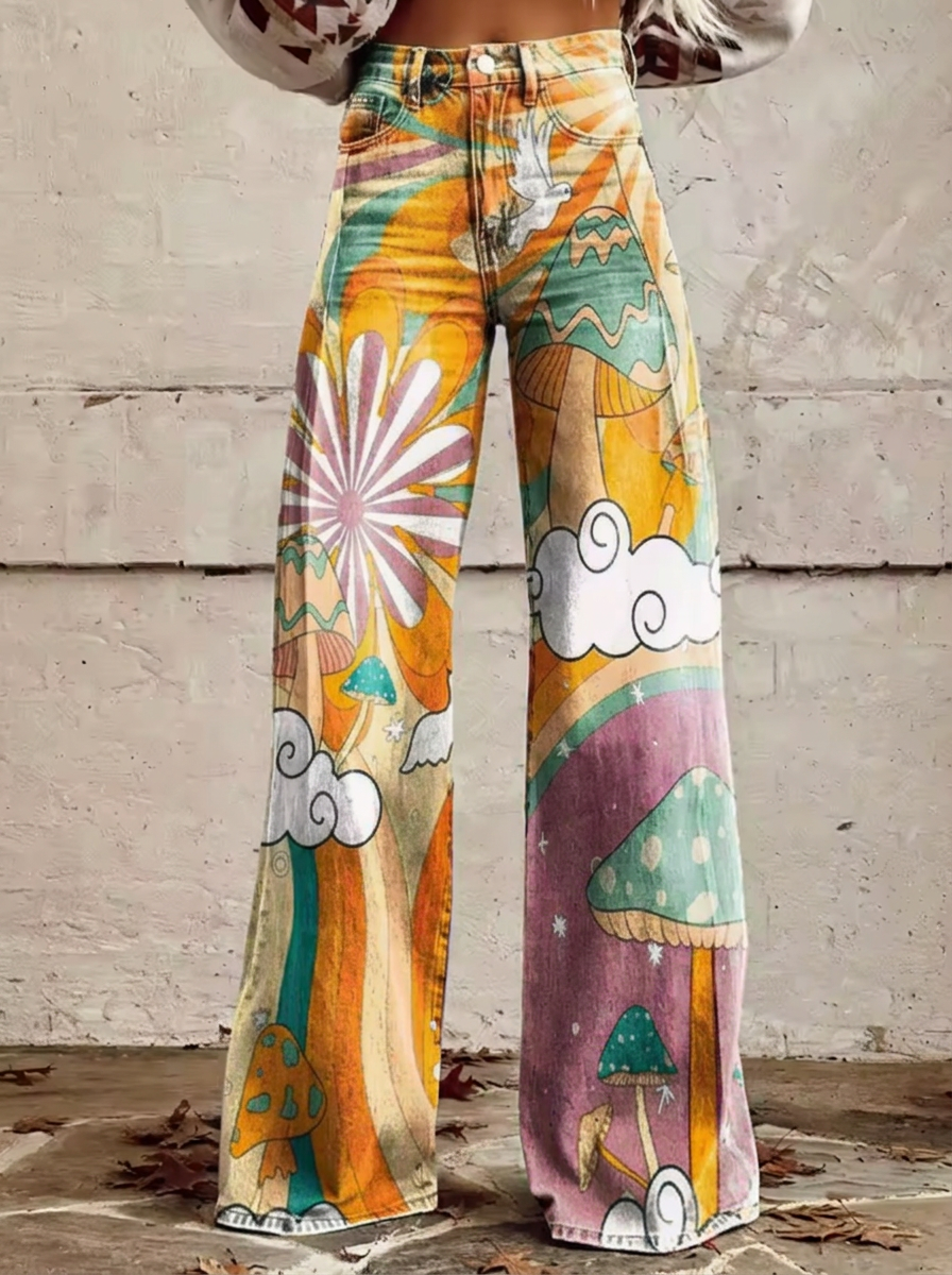 Iris - Jeans com estampa de cogumelos psicodélicos