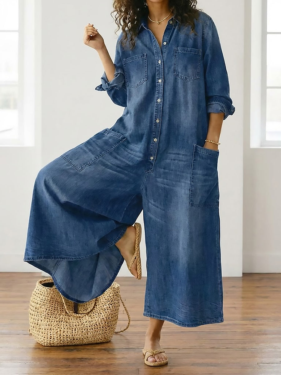 Diana | Tuta vintage effetto denim in morbido cotone slavato con chiusura a bottoni