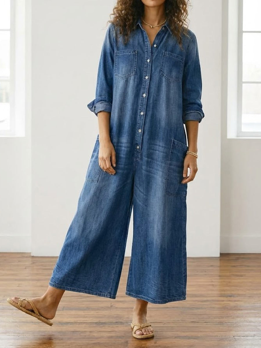 Diana | Tuta vintage effetto denim in morbido cotone slavato con chiusura a bottoni