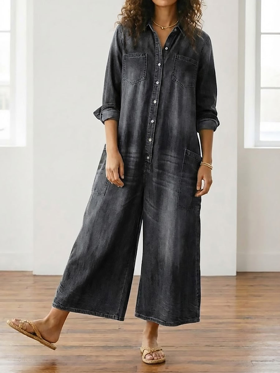 Diana | Tuta vintage effetto denim in morbido cotone slavato con chiusura a bottoni