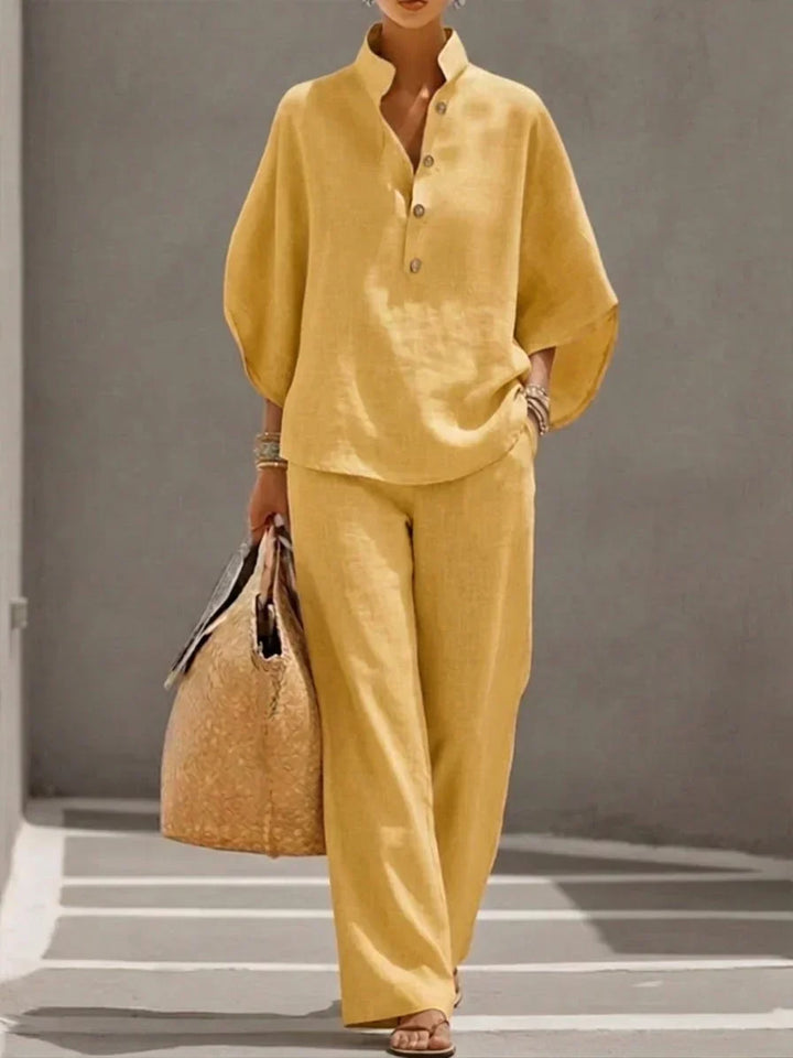 Maribel | Conjunto de lino con mangas murciélago y pantalones de pierna ancha