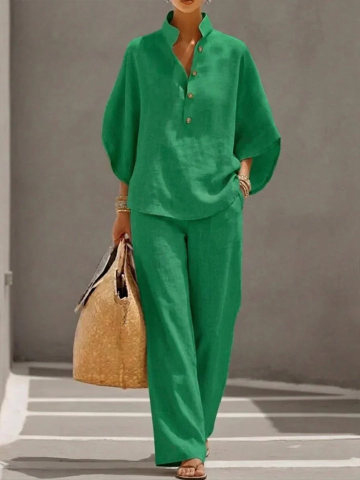 Maribel | Conjunto de lino con mangas murciélago y pantalones de pierna ancha
