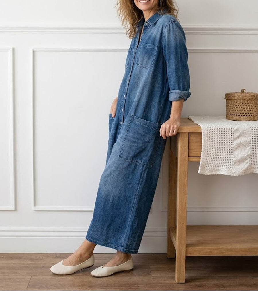 Diana | Tuta vintage effetto denim in morbido cotone slavato con chiusura a bottoni