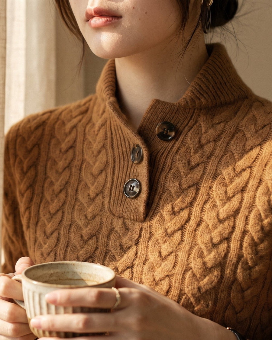Camel cable-knit button-collar sweater
