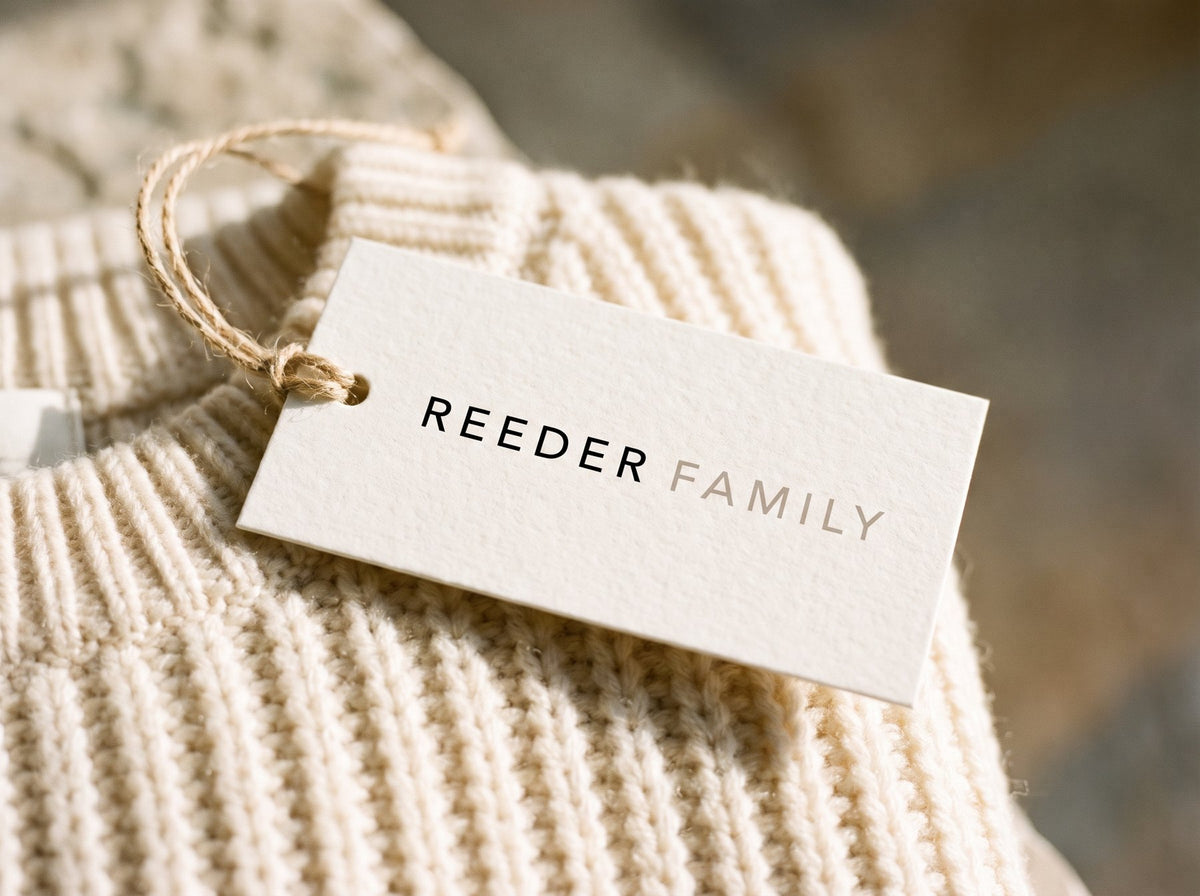 The Reeder Family label on a knit sweater