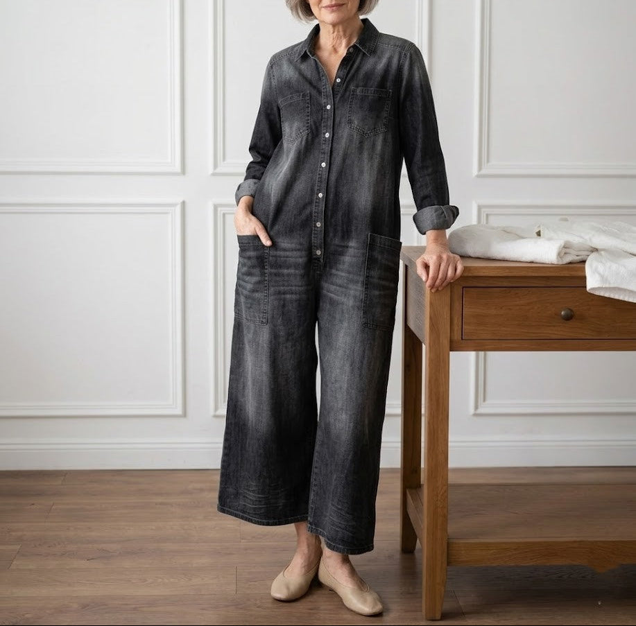Diana | Tuta vintage effetto denim in morbido cotone slavato con chiusura a bottoni