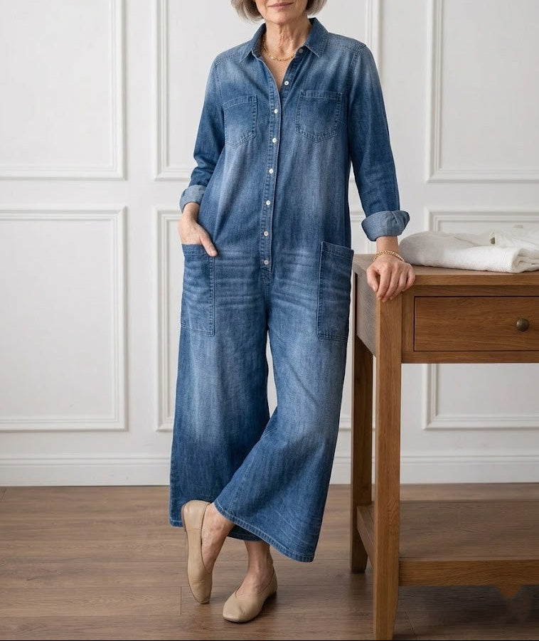 Diana | Tuta vintage effetto denim in morbido cotone slavato con chiusura a bottoni