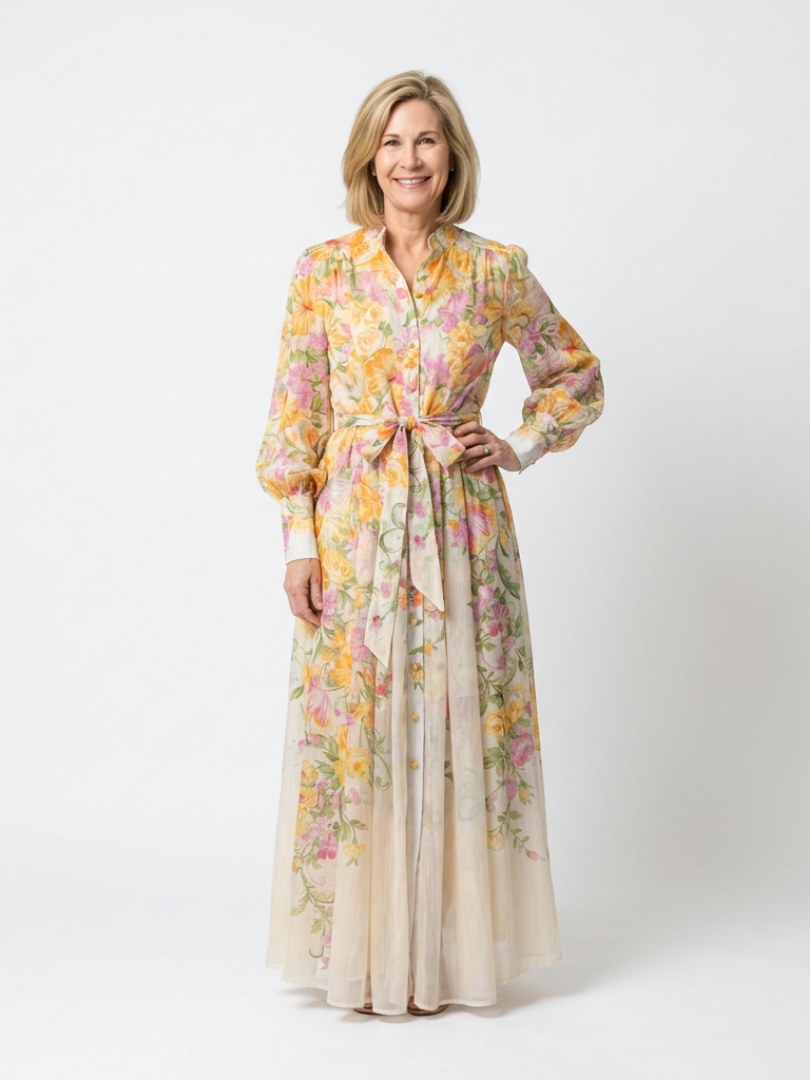 Cressida | Doorschijnende maxi-jurk met lange mouwen en bloemenprint