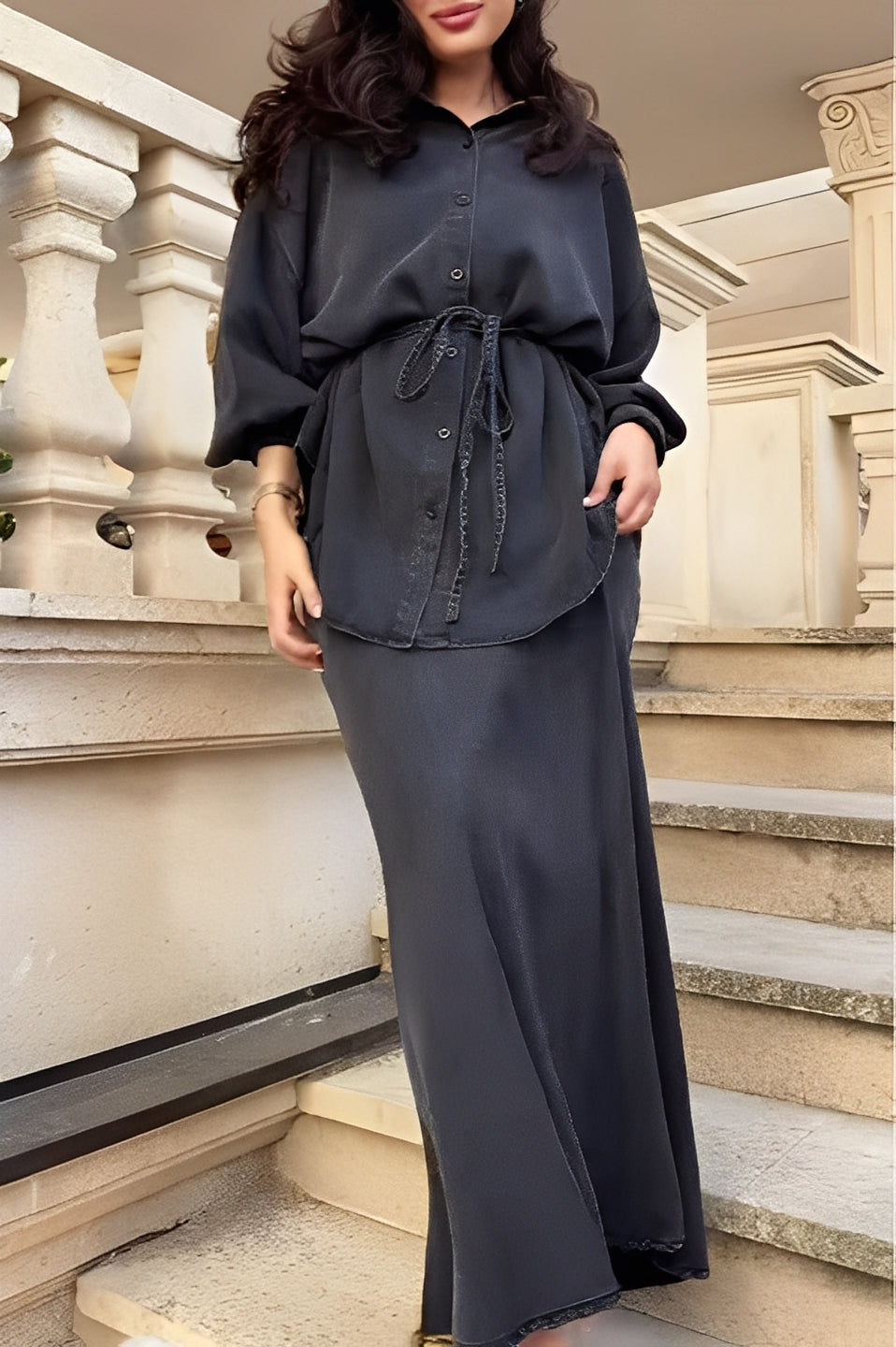 Conjunto Samantha com camisa de amarrar e saia