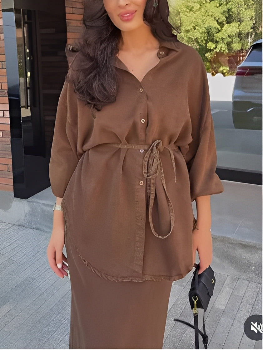 Conjunto Samantha com camisa de amarrar e saia