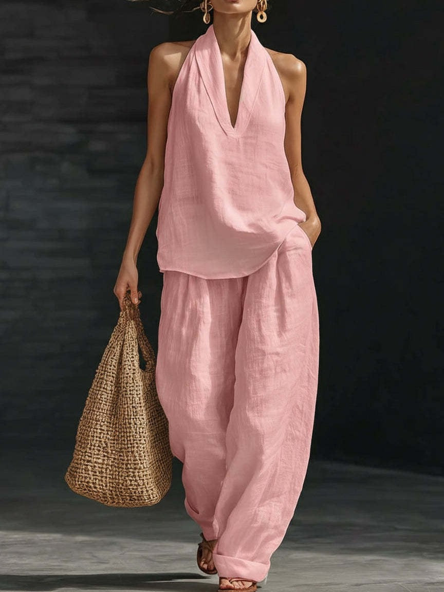 Conjunto Blusa Sem Mangas com Decote V e Calça Pantalona Lila